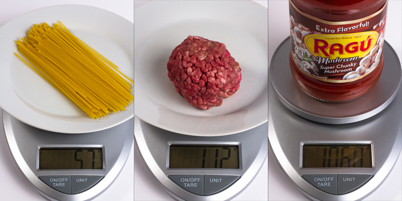 spaghetti ingredients on scale