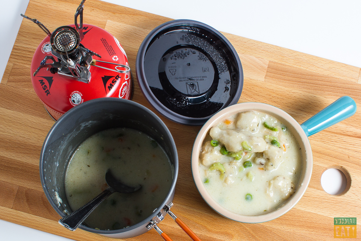 dehydrated backpacking chicken and dumplings cooked and served