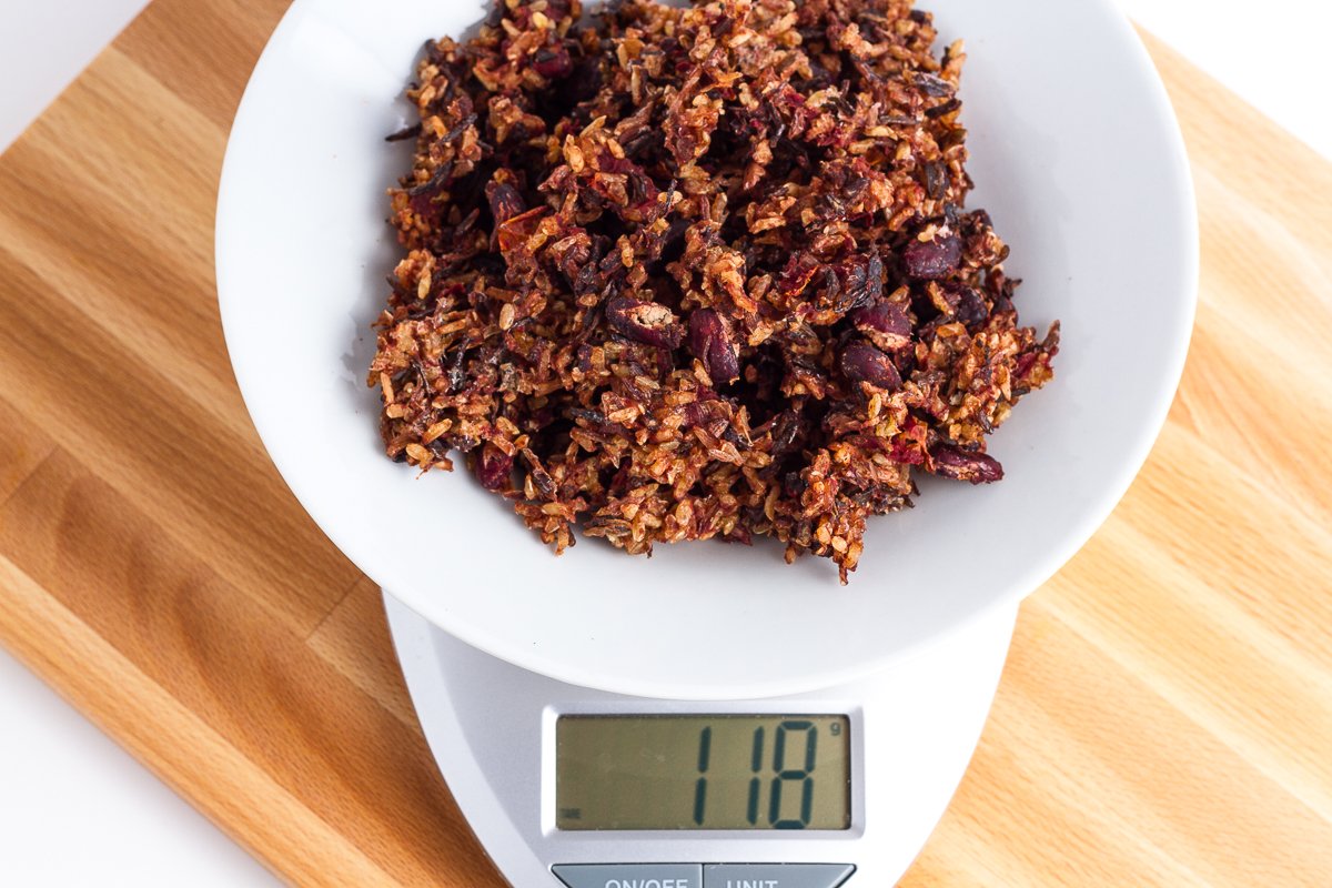 dehydrated wild rice and beans on a scale