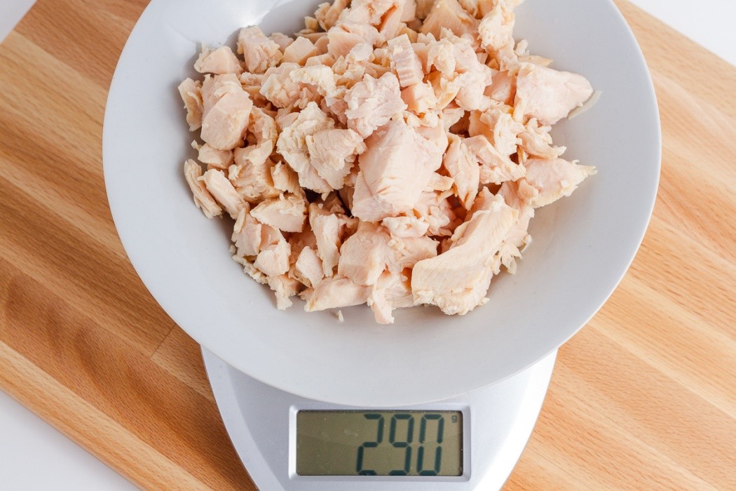 Canned chicken is typically fat free breasts which is ideal for dehydrating 290 grams of canned chicken on a scale