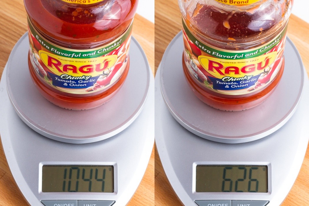 It's easier to weigh the difference of used sauce jar of Ragu pasta sauce on a scale
