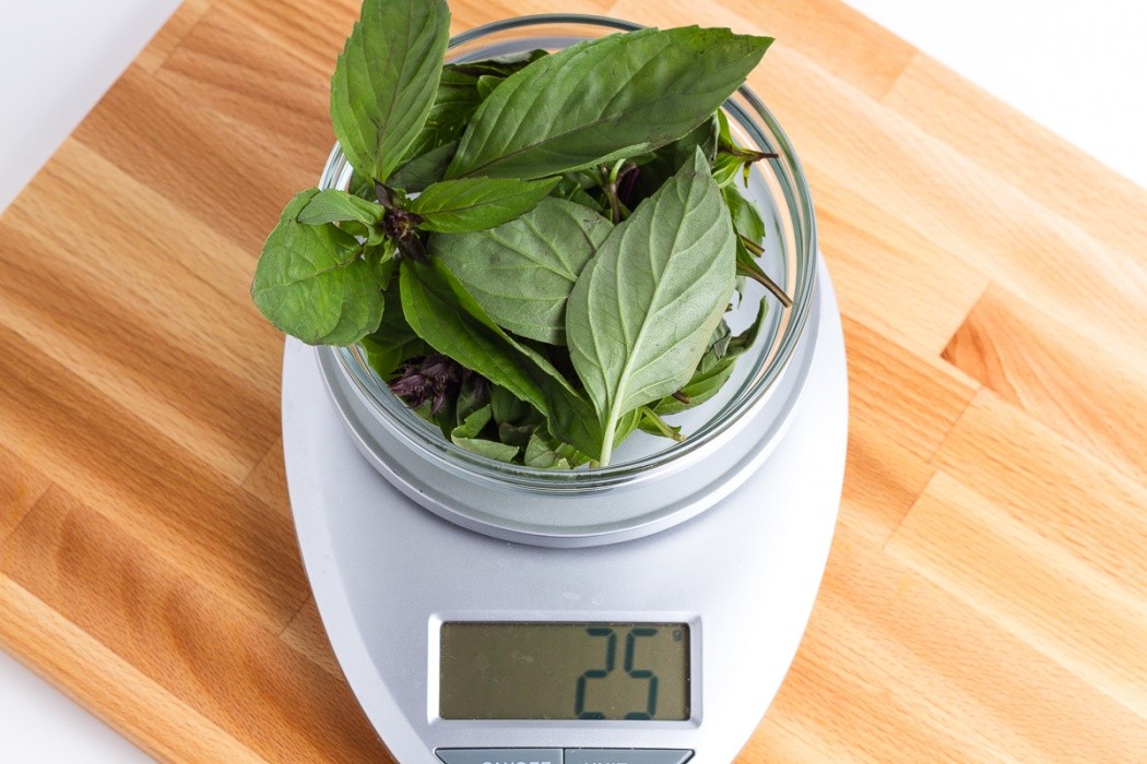 Use only the thai basil leaves and discard the stems 25 grams of thai basil on a scale