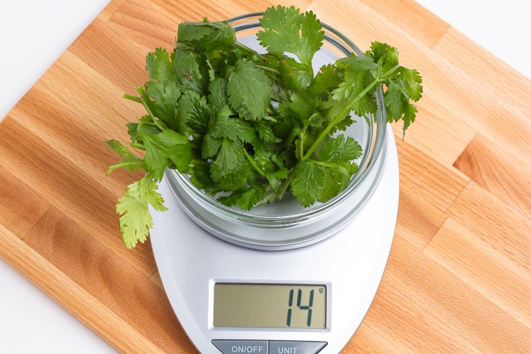 Some people prefer to remove the stems, but that's where a lot of flavor is 14 grams of cilantro on a scale