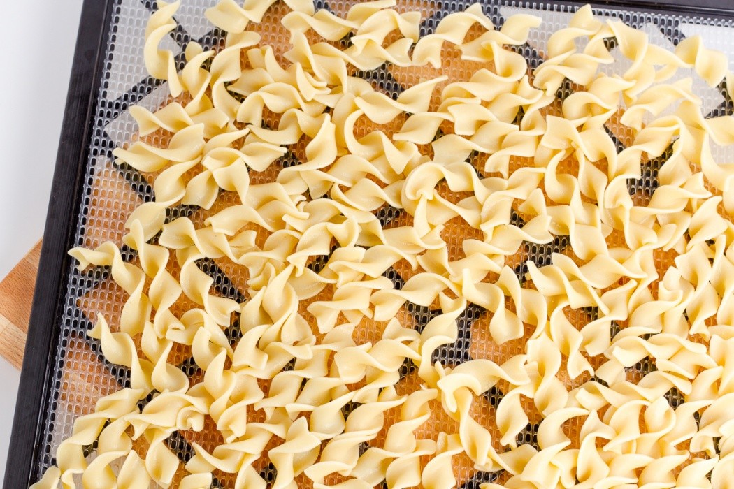 A quick shake and jiggle can level out and even the egg noodles egg noodles spread on a dehydrator tray