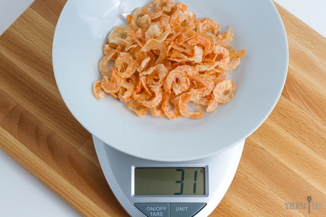 Dehydrated shrimp is very crunchy and can be eaten like a chip 31 grams of dehydrated shrimp on a scale