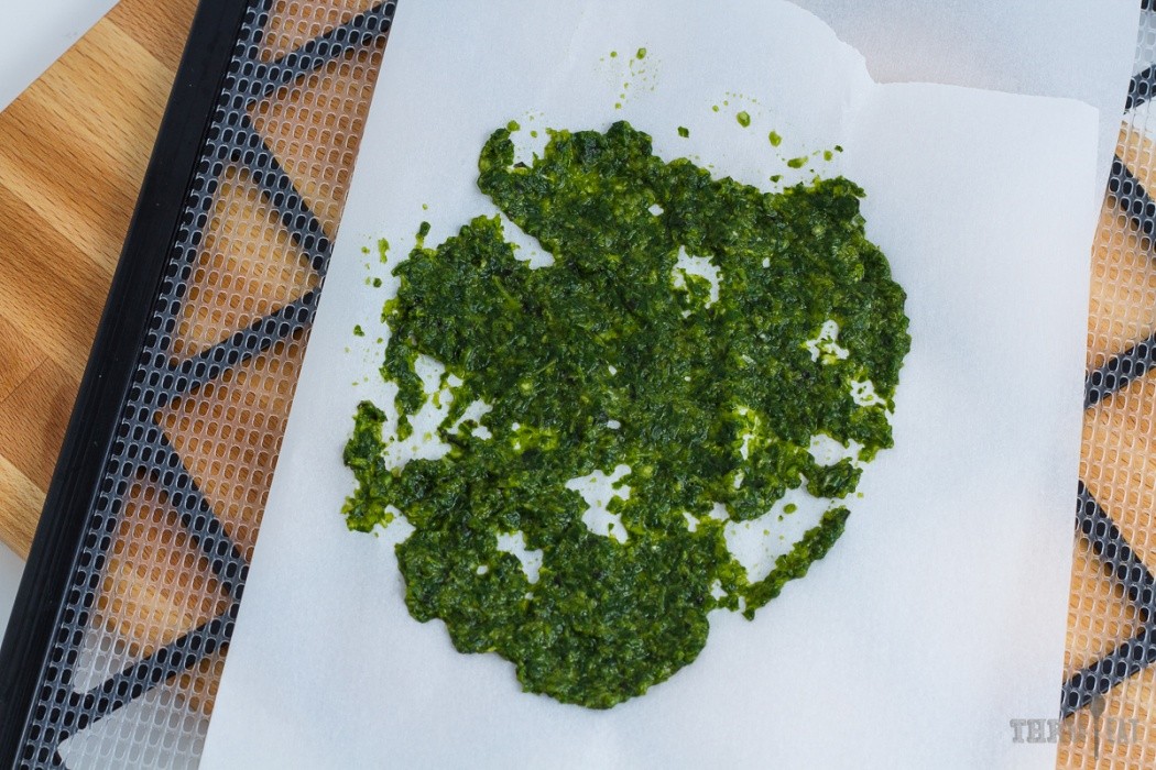 pesto smeared on a dehydrator tray