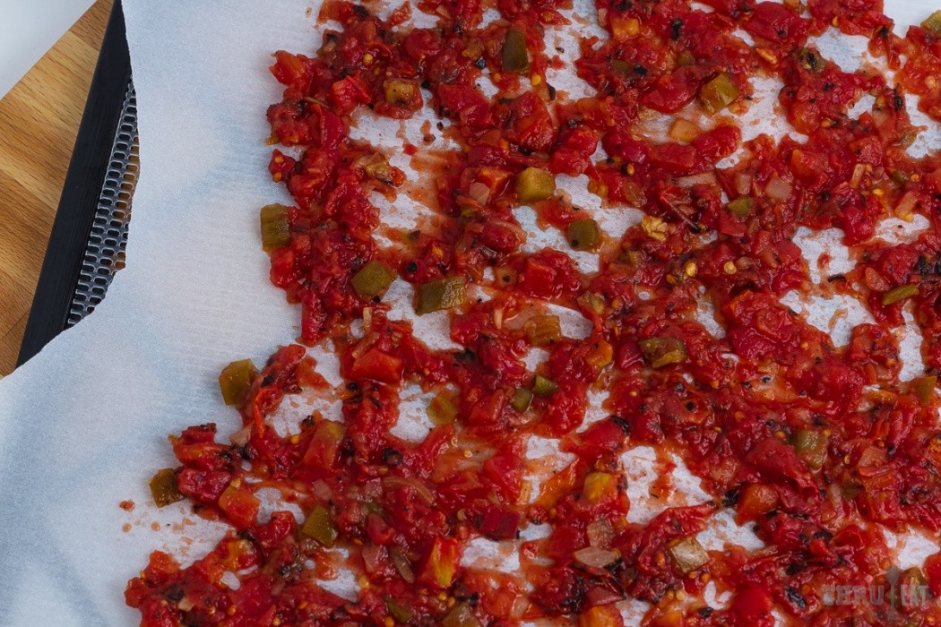 salsa spread on a dehydrator tray