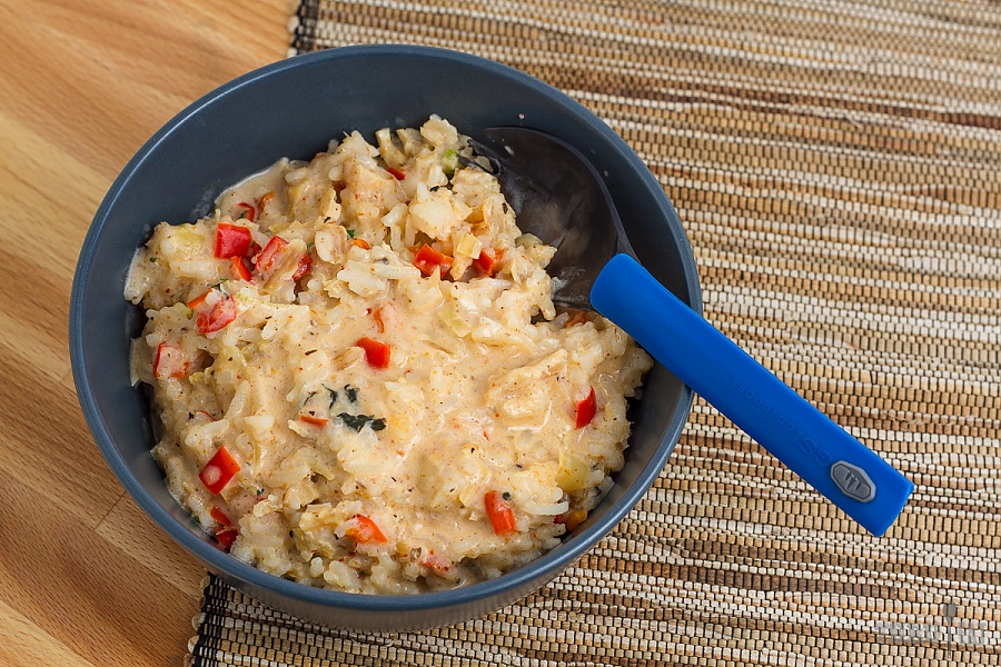So good you'll think it's takeout bowl of Thai chicken curry with a blue spork