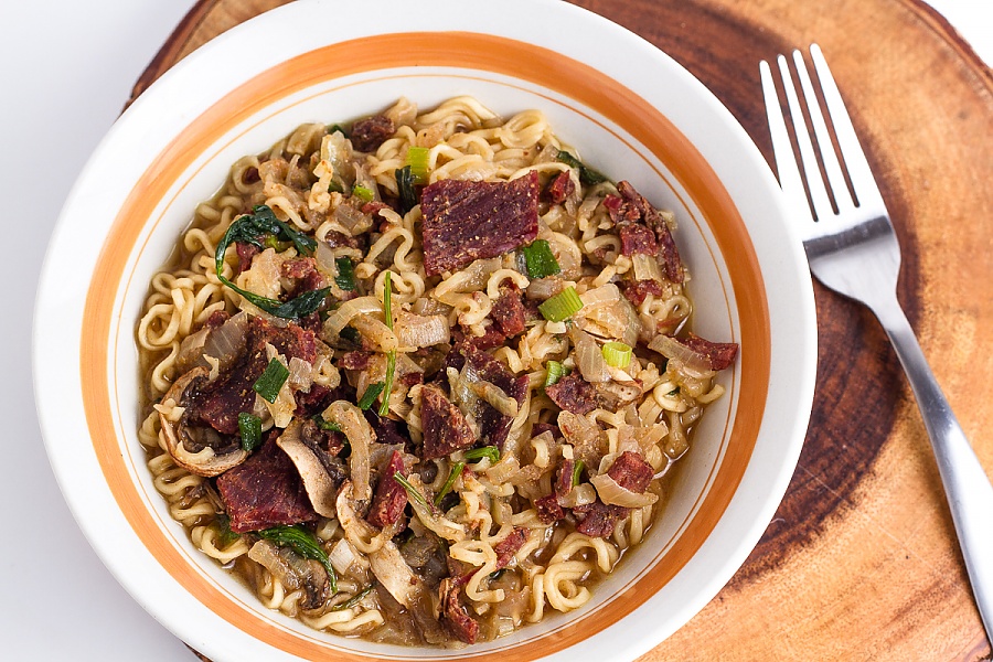 pho made with instant ramen and beef jerky