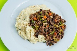 cottage pie: rehydrated ground beef on top of instant mashed potatoes